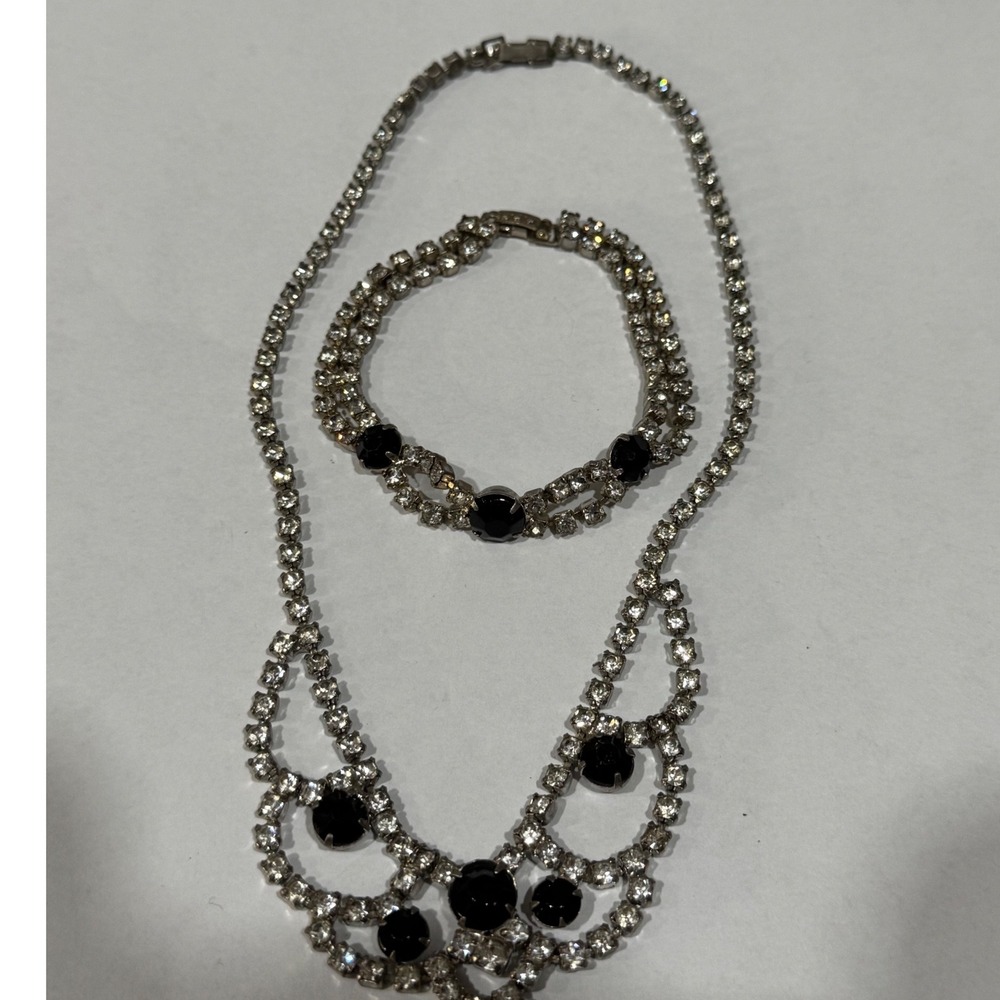 Unsigned Vintage Jewelry Set Women Silver Black Clear Rhinestone Bib Necklace